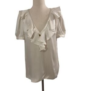 Kate Spade Womens 6 Ivory Silk Ruffle Blouse Short Sleeve V Neck Top